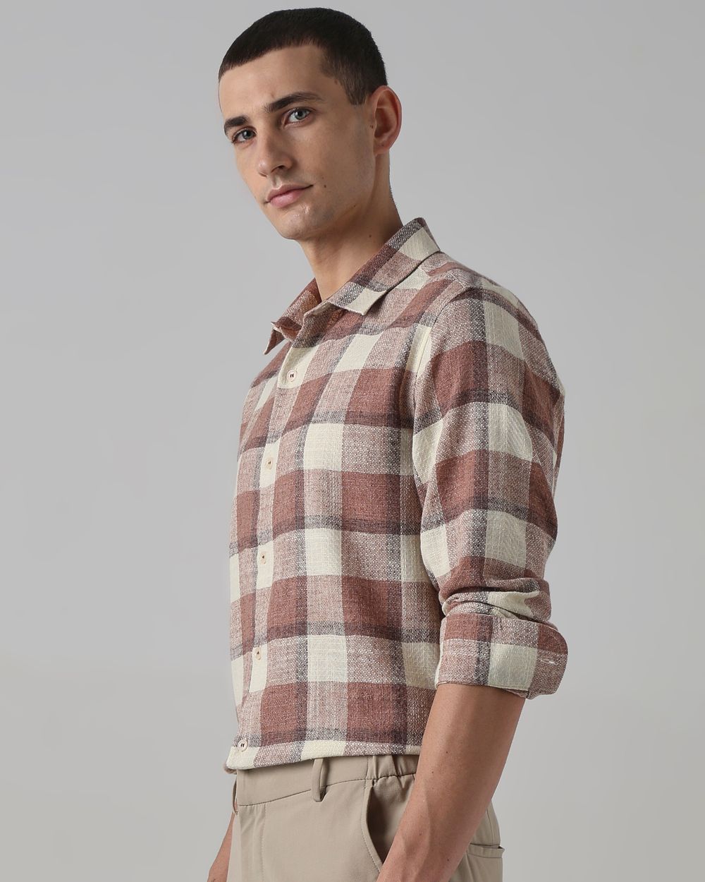 Light Brown Dobby Check Slim Fit Casual Shirt