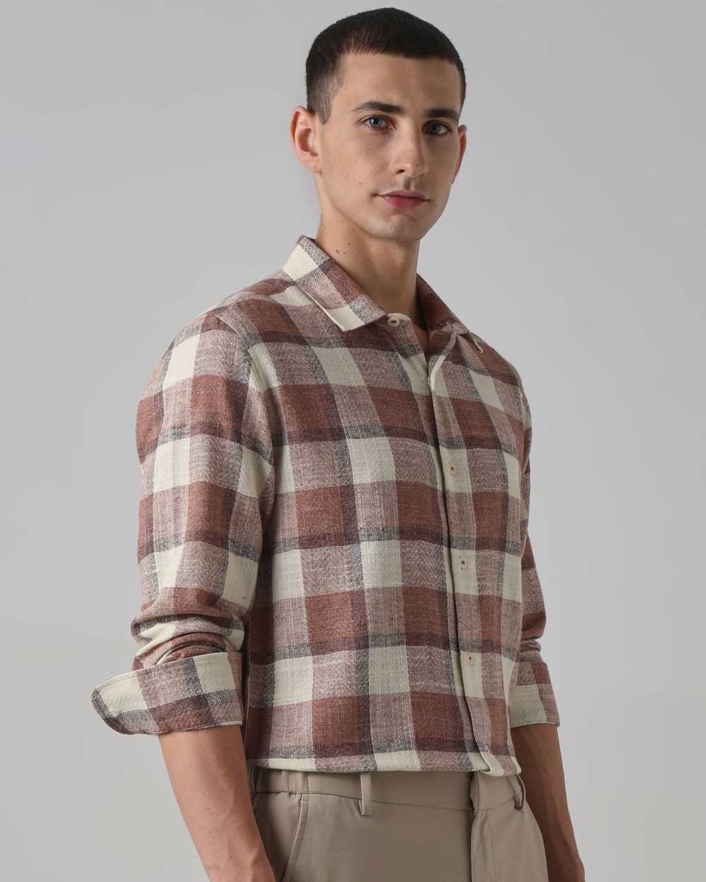 Light Brown Dobby Check Slim Fit Casual Shirt
