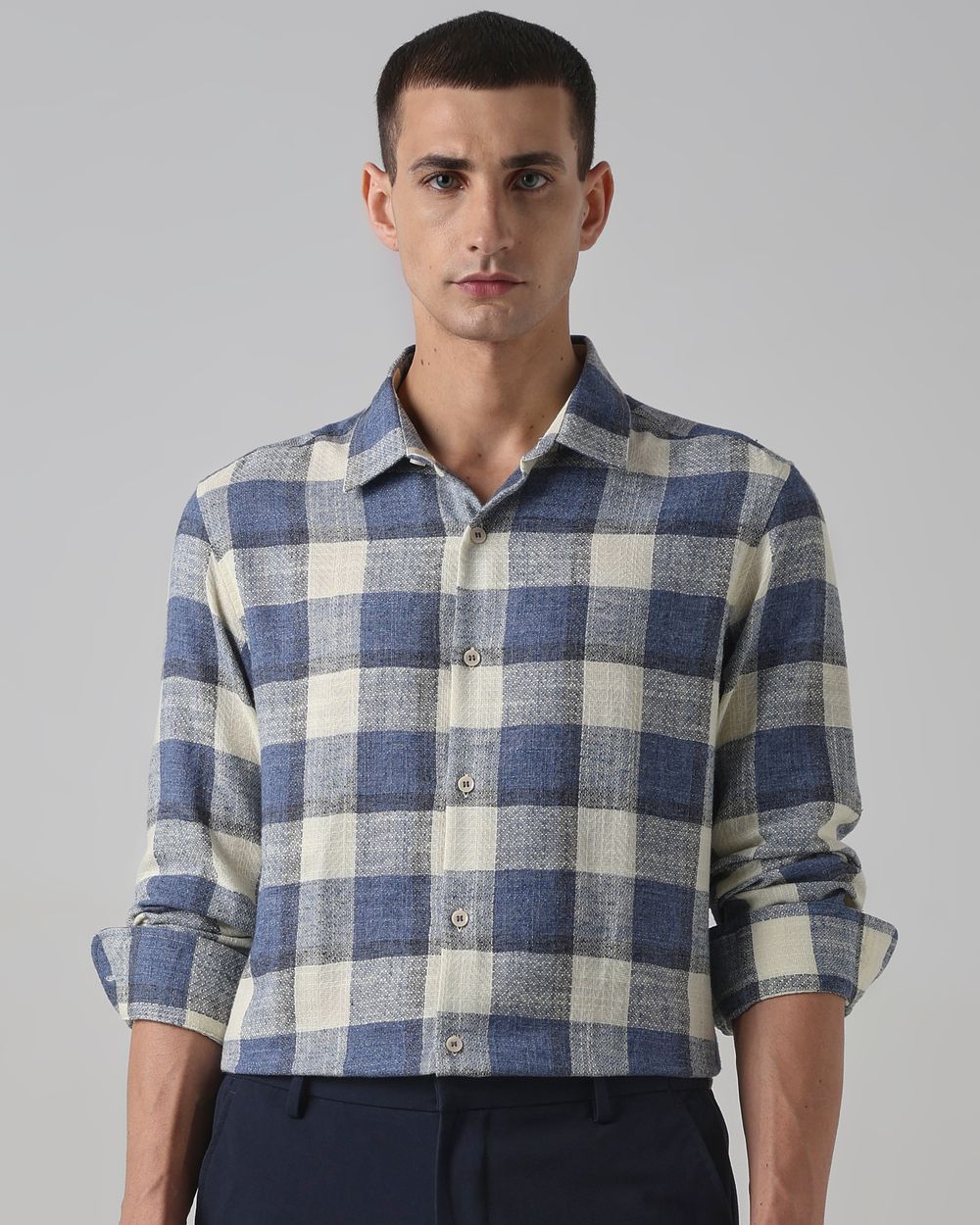 Blue Dobby Check Slim Fit Casual Shirt