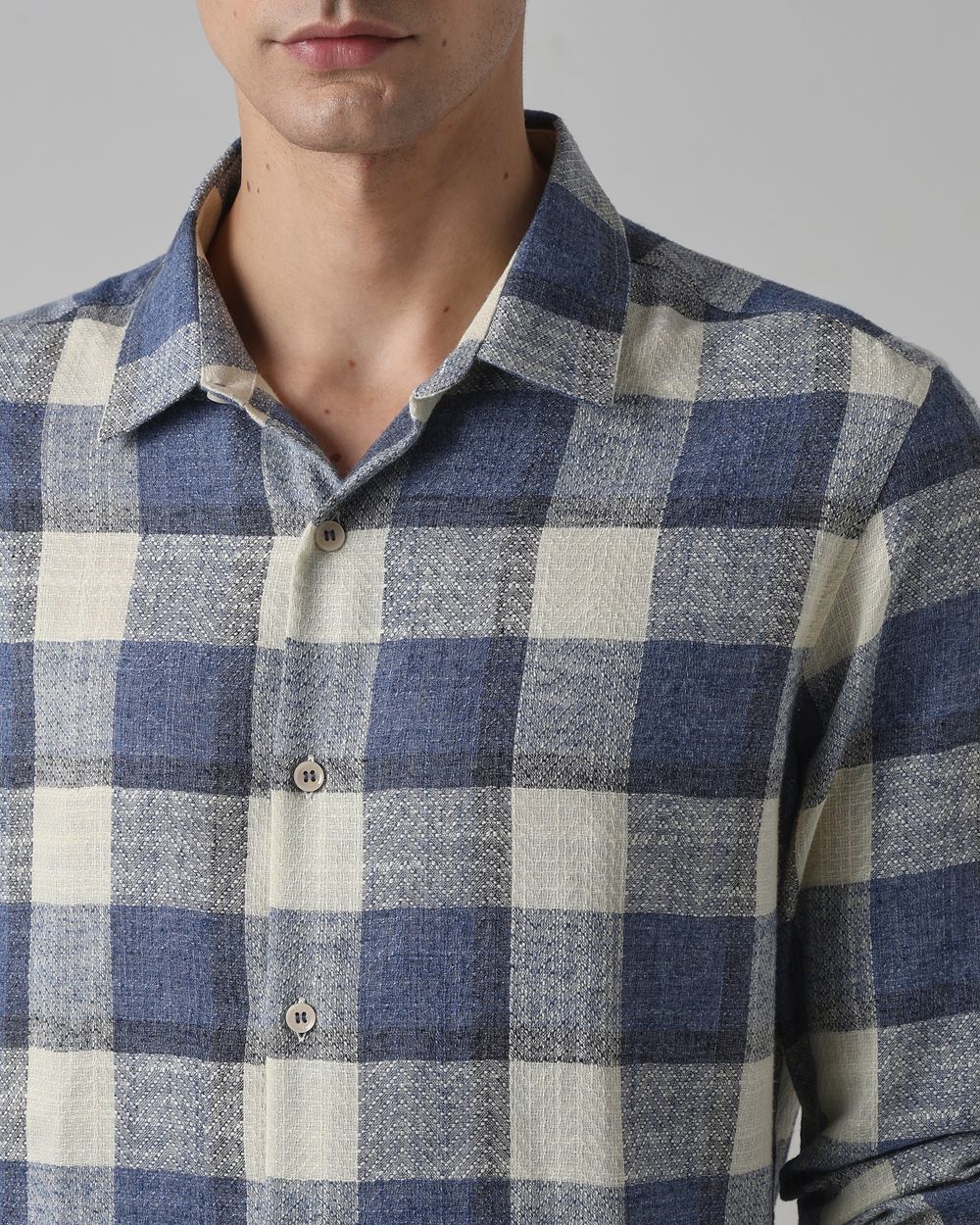 Blue Dobby Check Slim Fit Casual Shirt