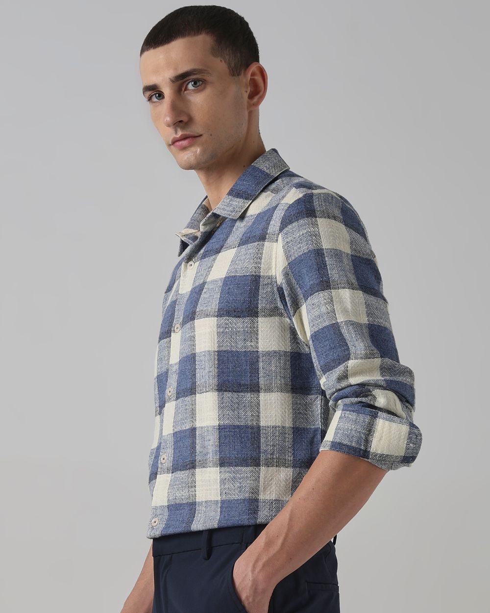 Blue Dobby Check Slim Fit Casual Shirt