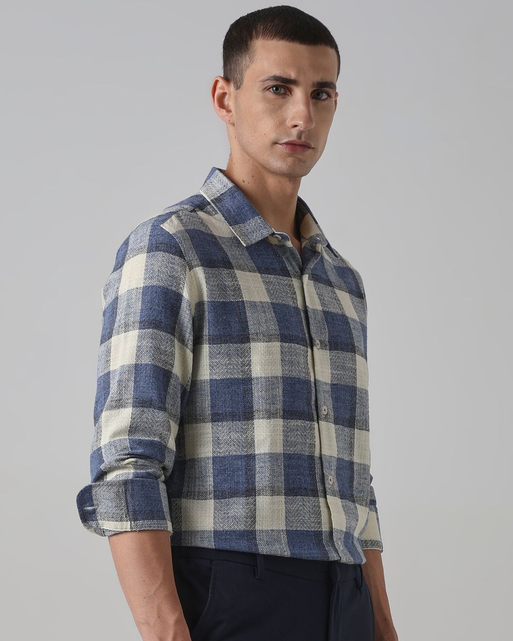 Blue Dobby Check Slim Fit Casual Shirt