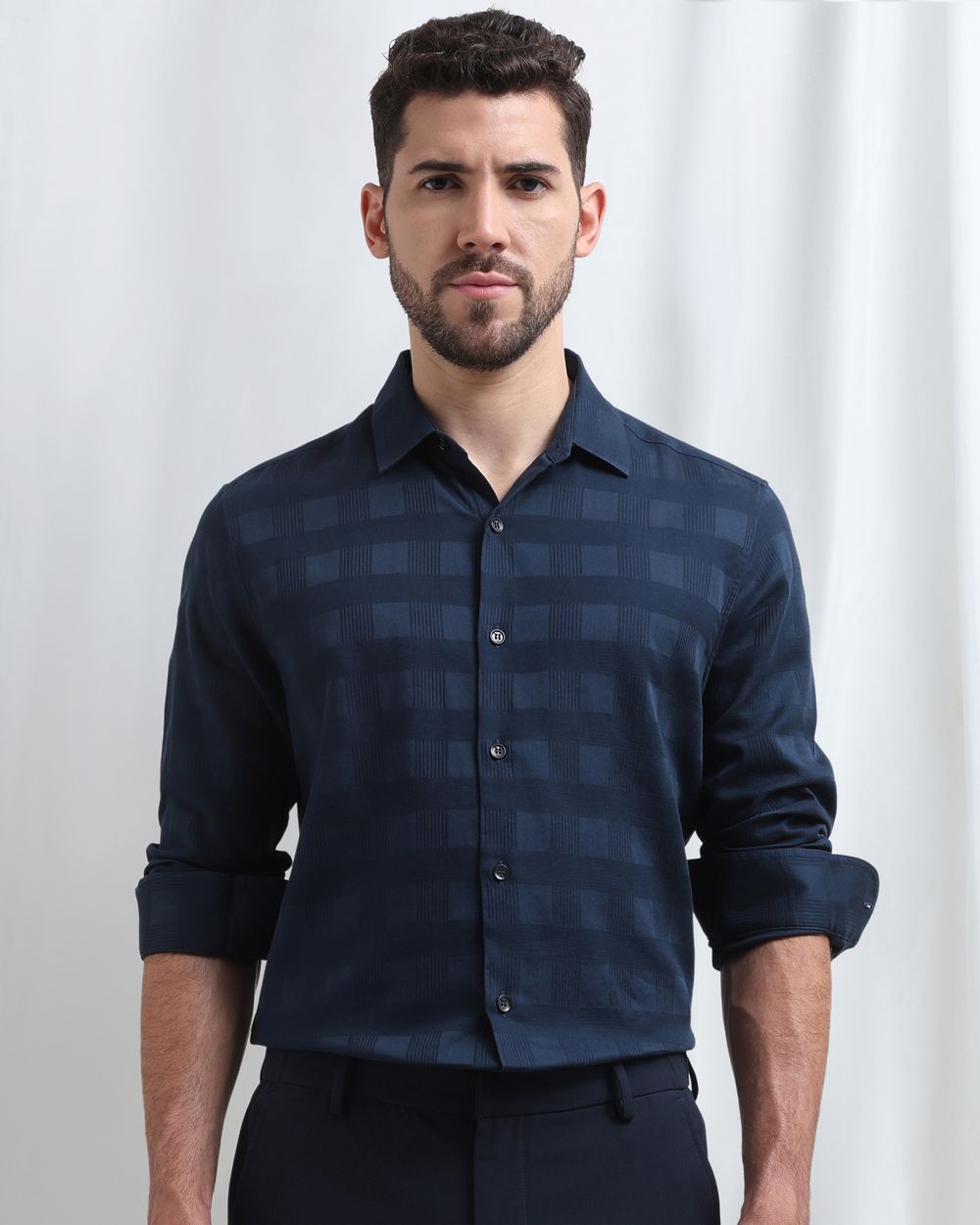 Navy Dobby Check Slim Fit Casual Shirt