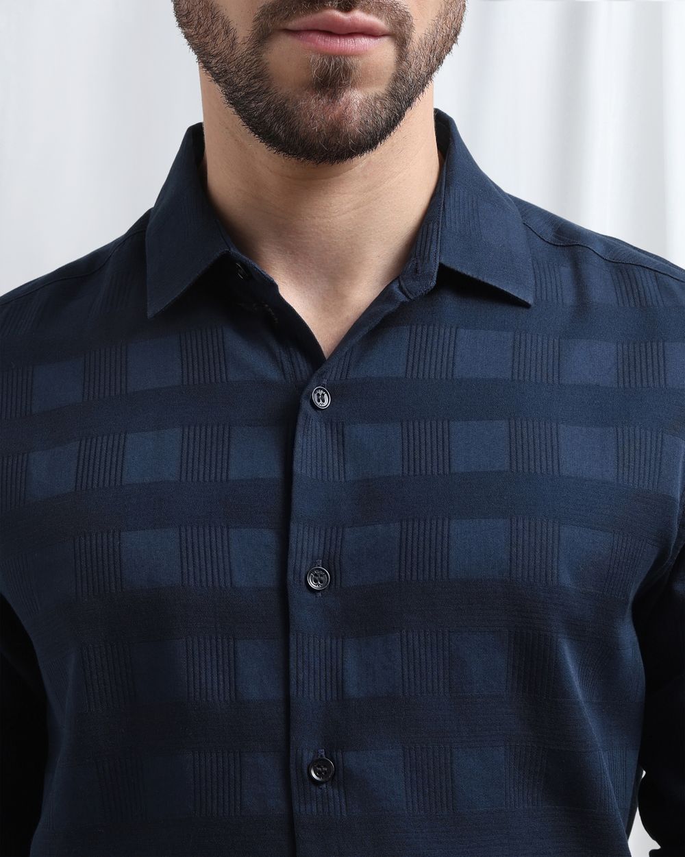 Navy Dobby Check Slim Fit Casual Shirt
