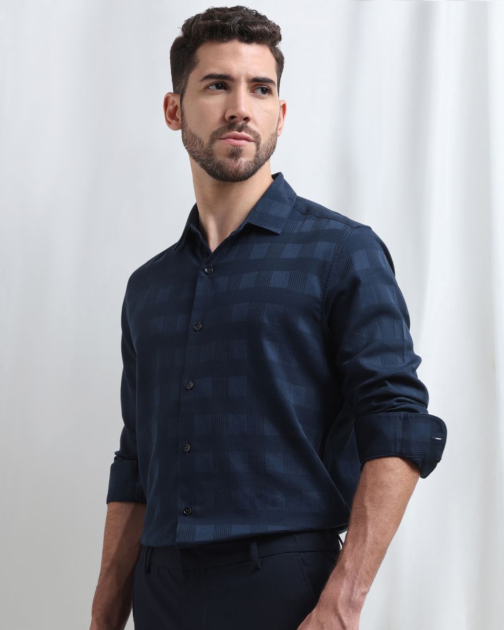 Navy Dobby Check Slim Fit Casual Shirt