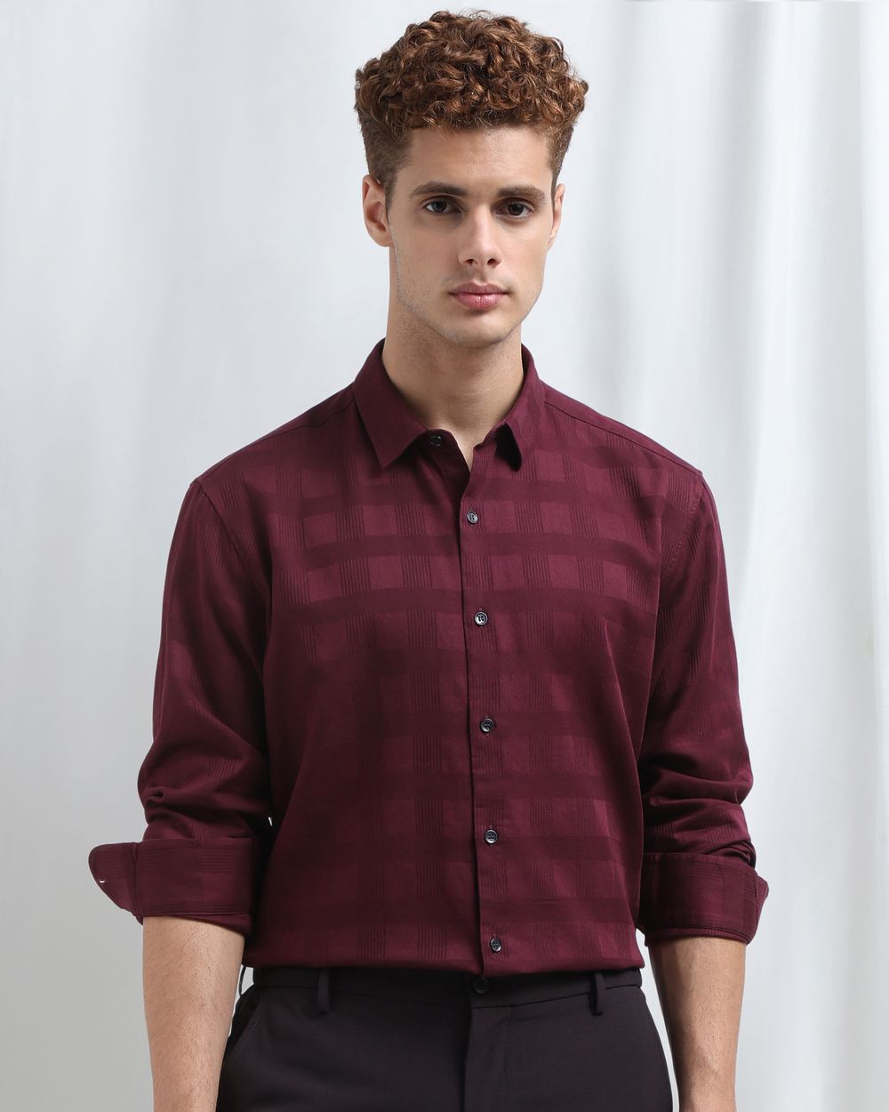 Maroon Dobby Check Slim Fit Casual Shirt