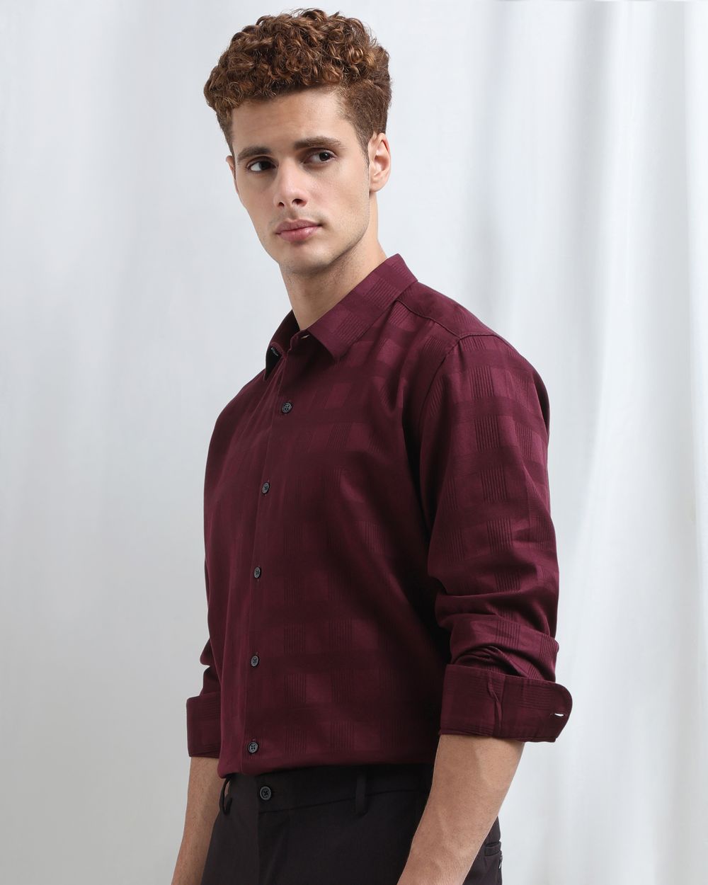 Maroon Dobby Check Slim Fit Casual Shirt