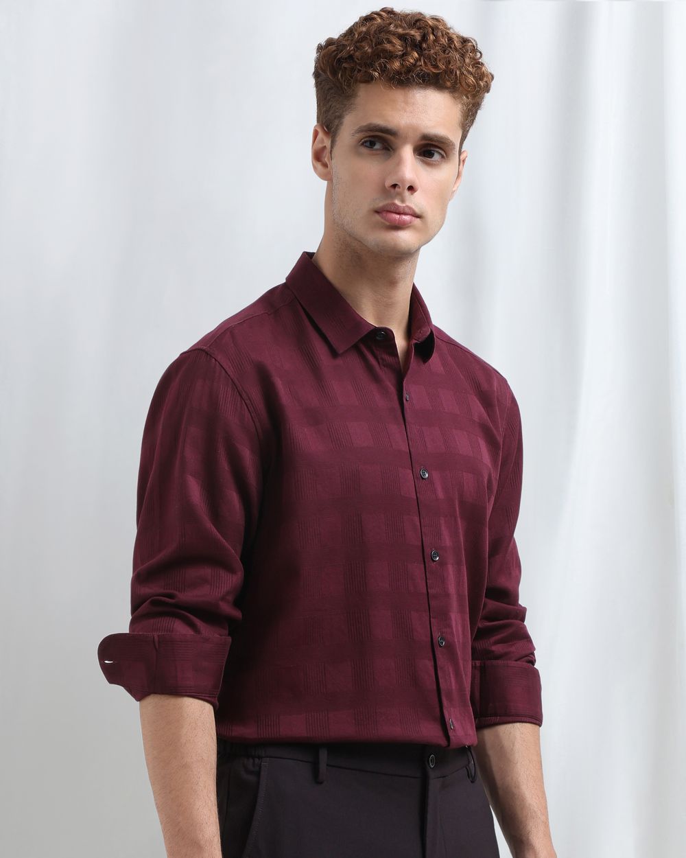 Maroon Dobby Check Slim Fit Casual Shirt
