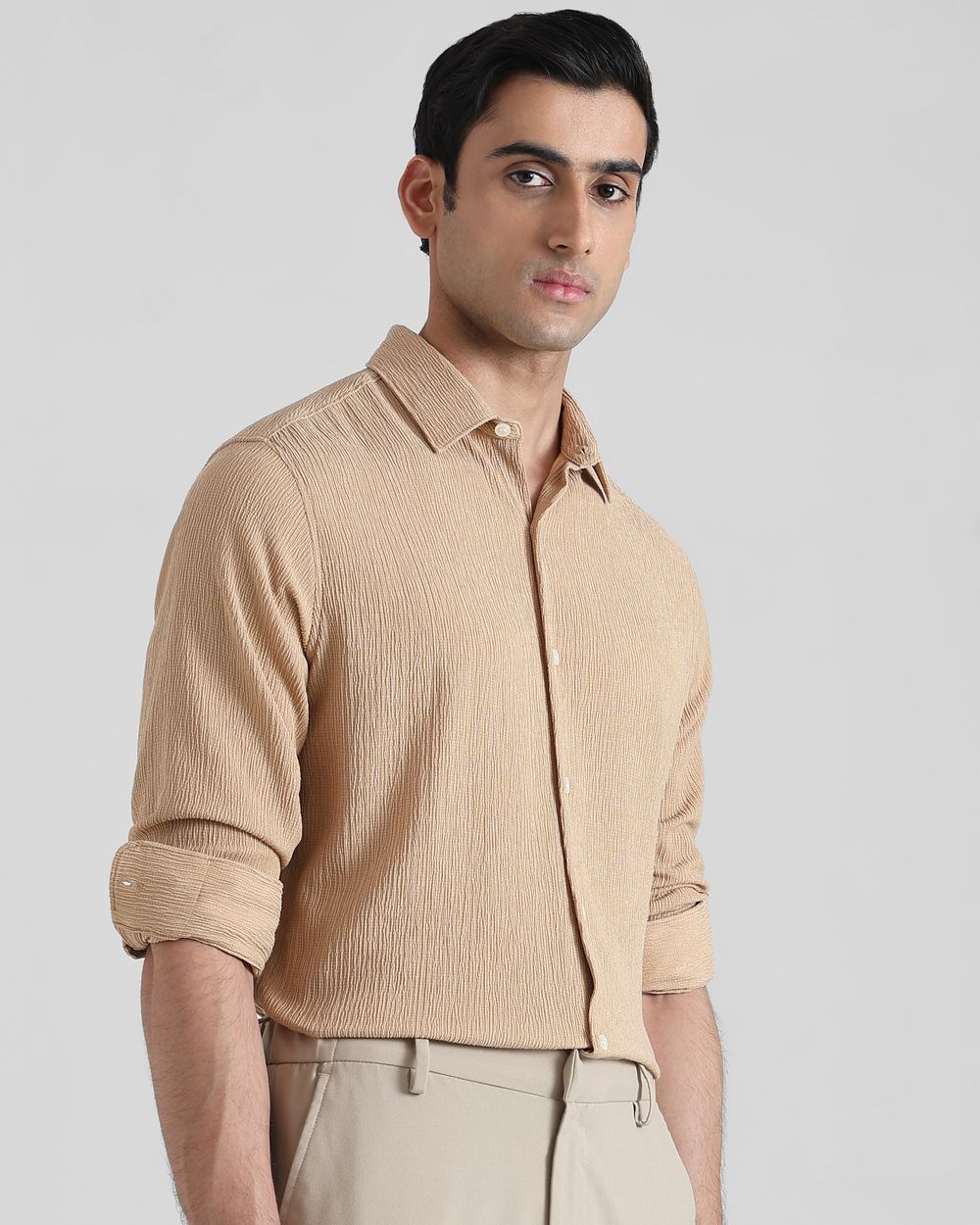 Khaki Crinkle Plain Slim Fit Casual Shirt