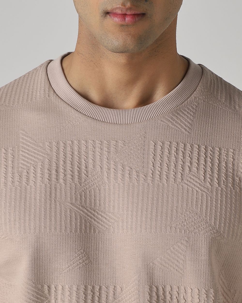 Beige Textured Plain T-Shirt
