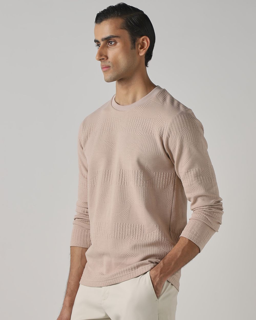 Beige Textured Plain T-Shirt