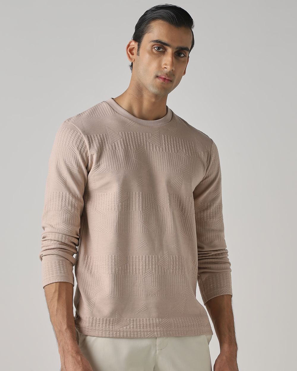 Beige Textured Plain T-Shirt