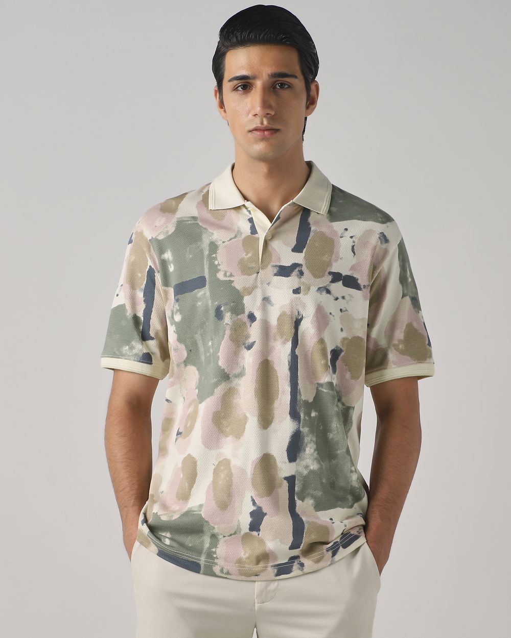 Beige Abstract Print Polo
