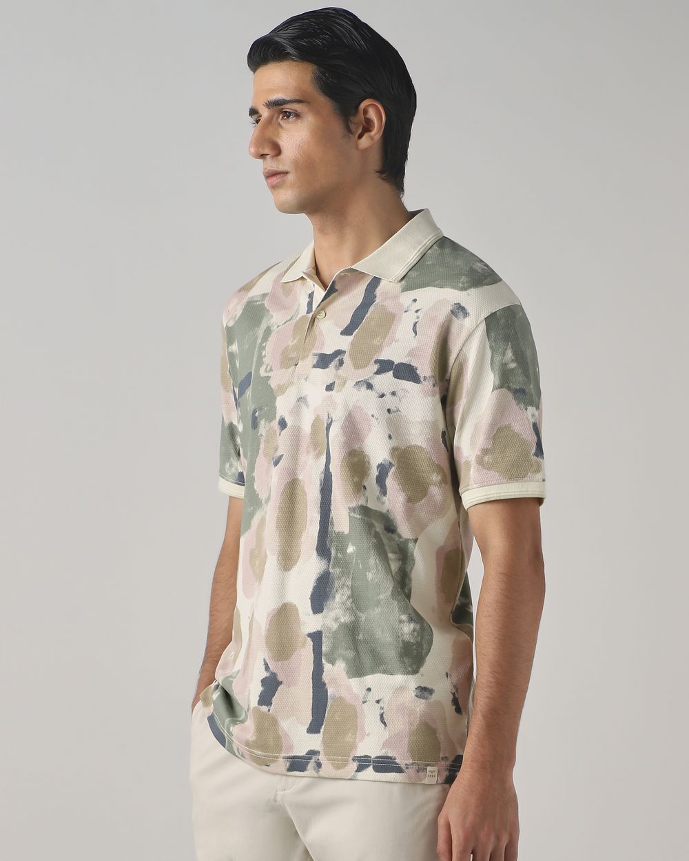 Beige Abstract Print Polo