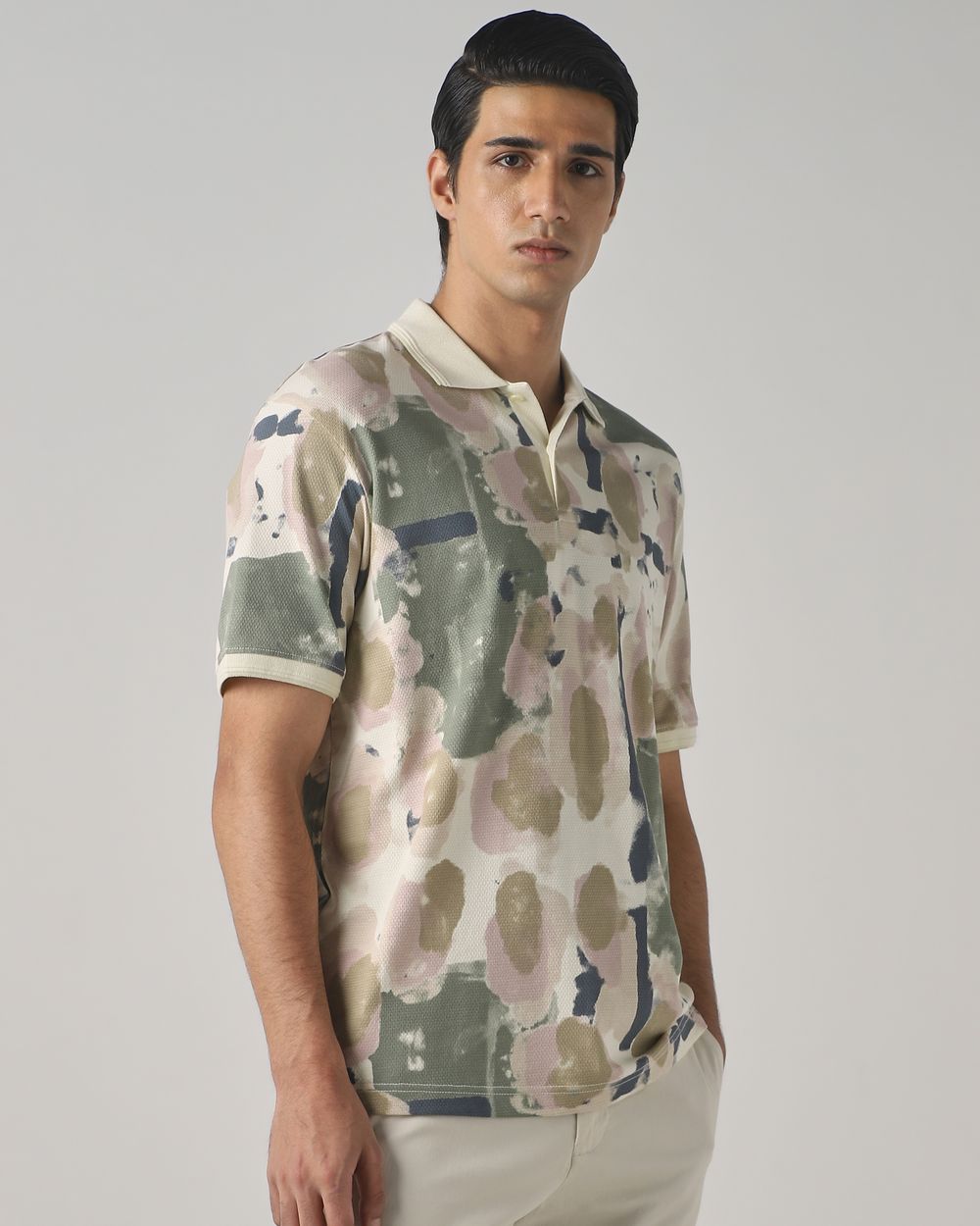 Beige Abstract Print Polo