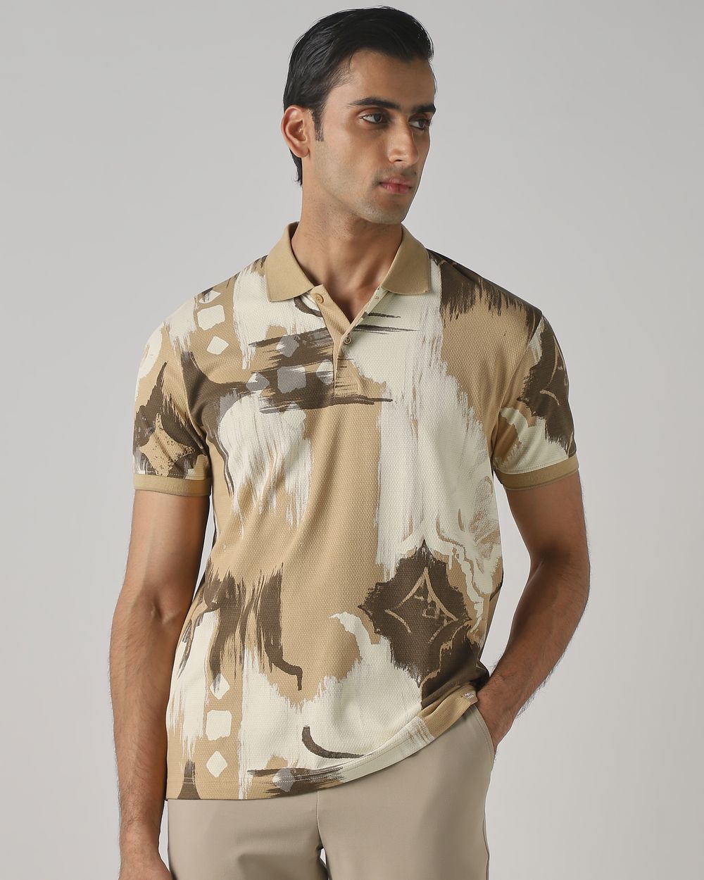 Light Khaki Abstract Print Stretch Polo