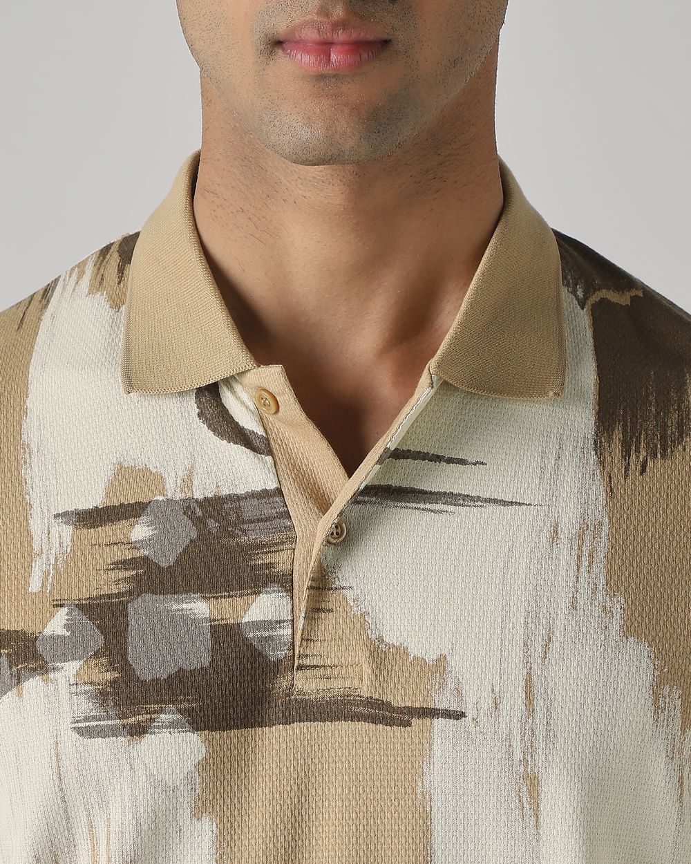 Light Khaki Abstract Print Stretch Polo