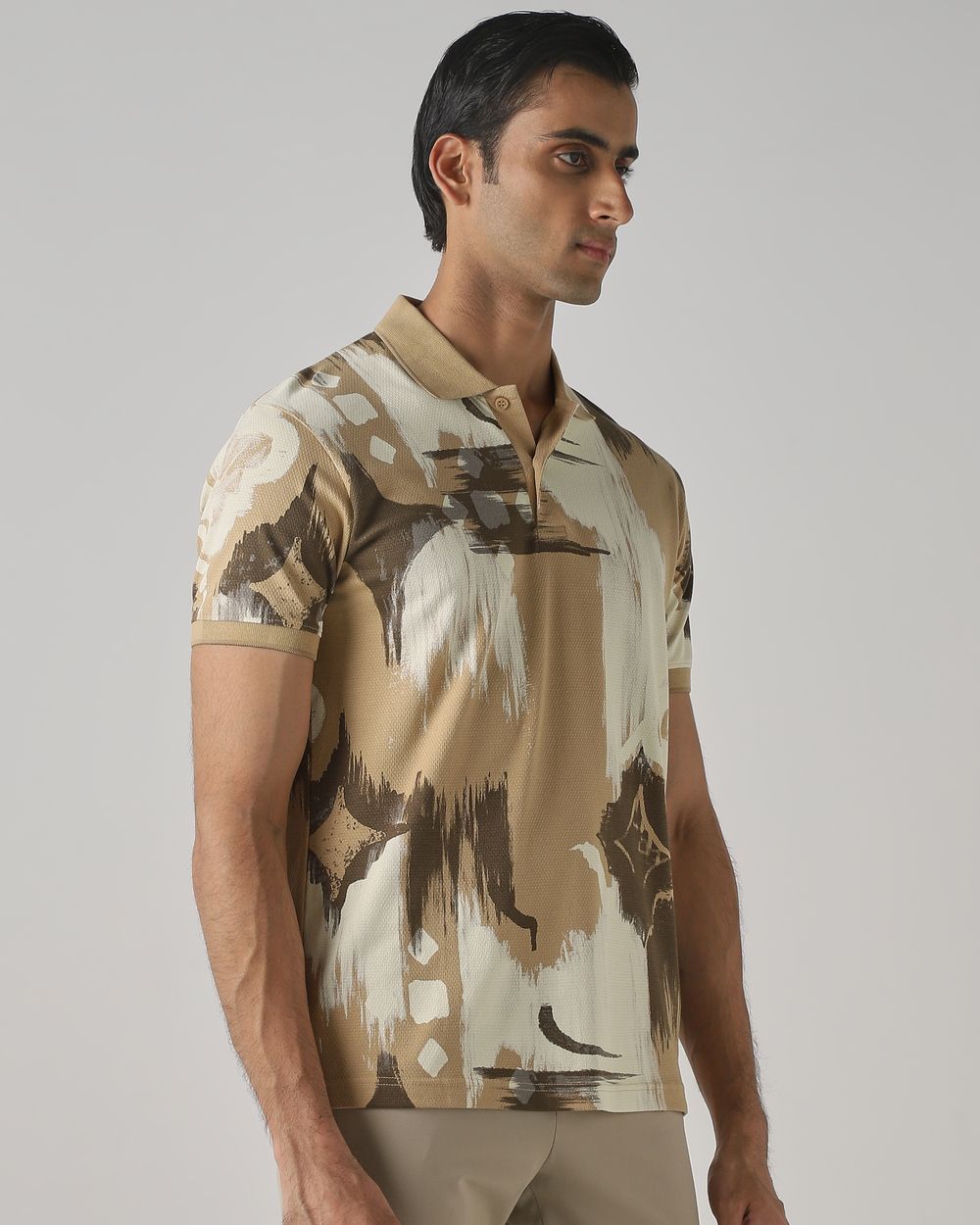 Light Khaki Abstract Print Stretch Polo
