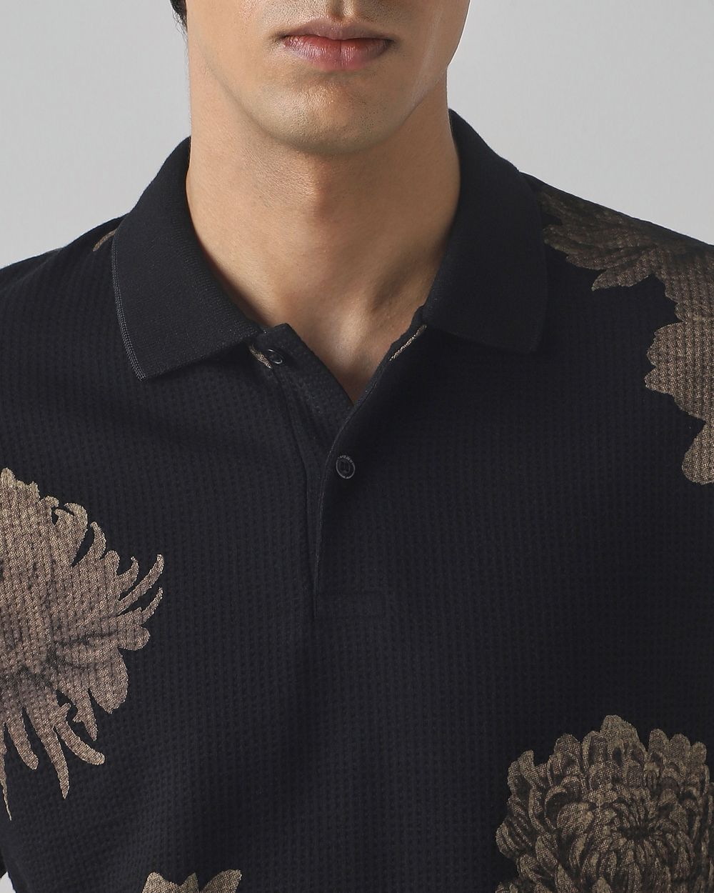 Black Seersucker Print Stretch Polo