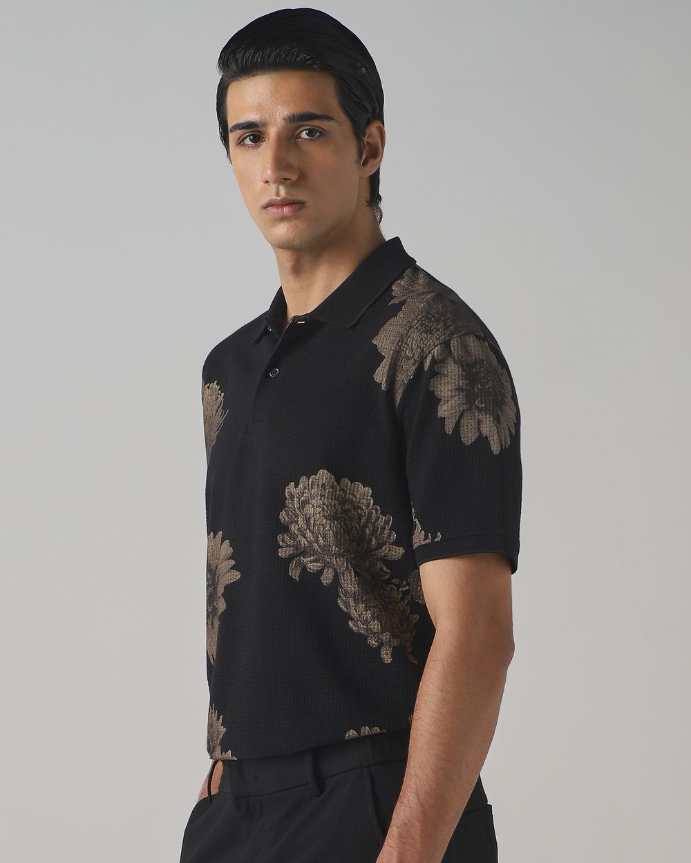 Black Seersucker Print Stretch Polo