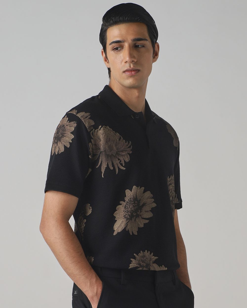 Black Seersucker Print Stretch Polo