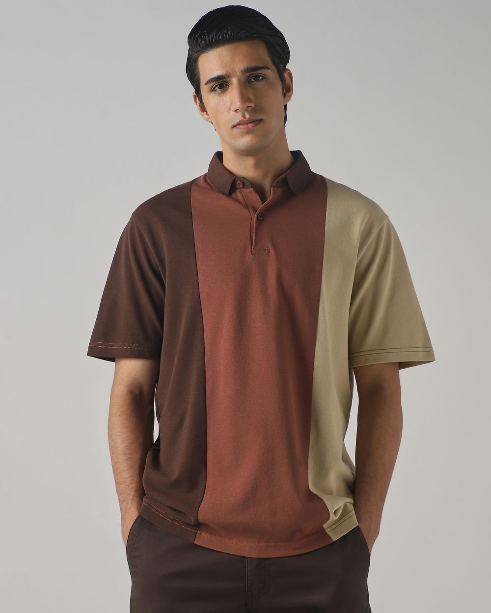 Brown Colorblocked Stripe Polo