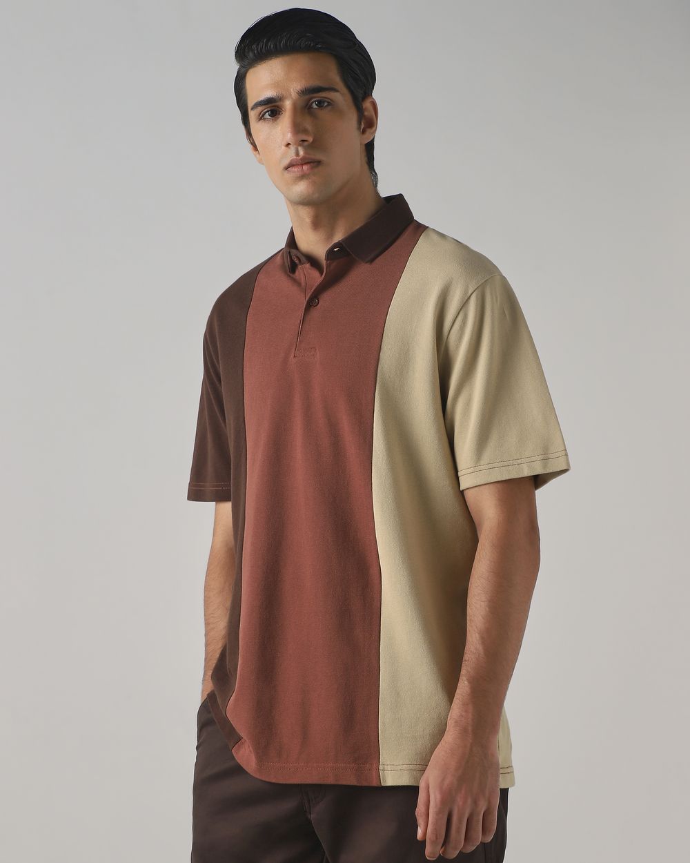 Brown Colorblocked Stripe Polo