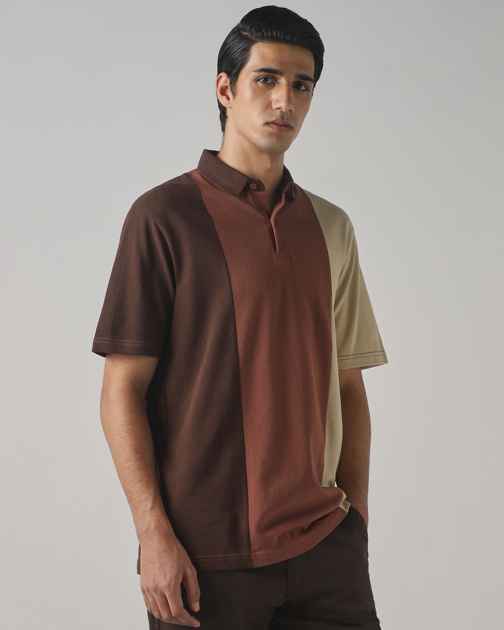 Brown Colorblocked Stripe Polo