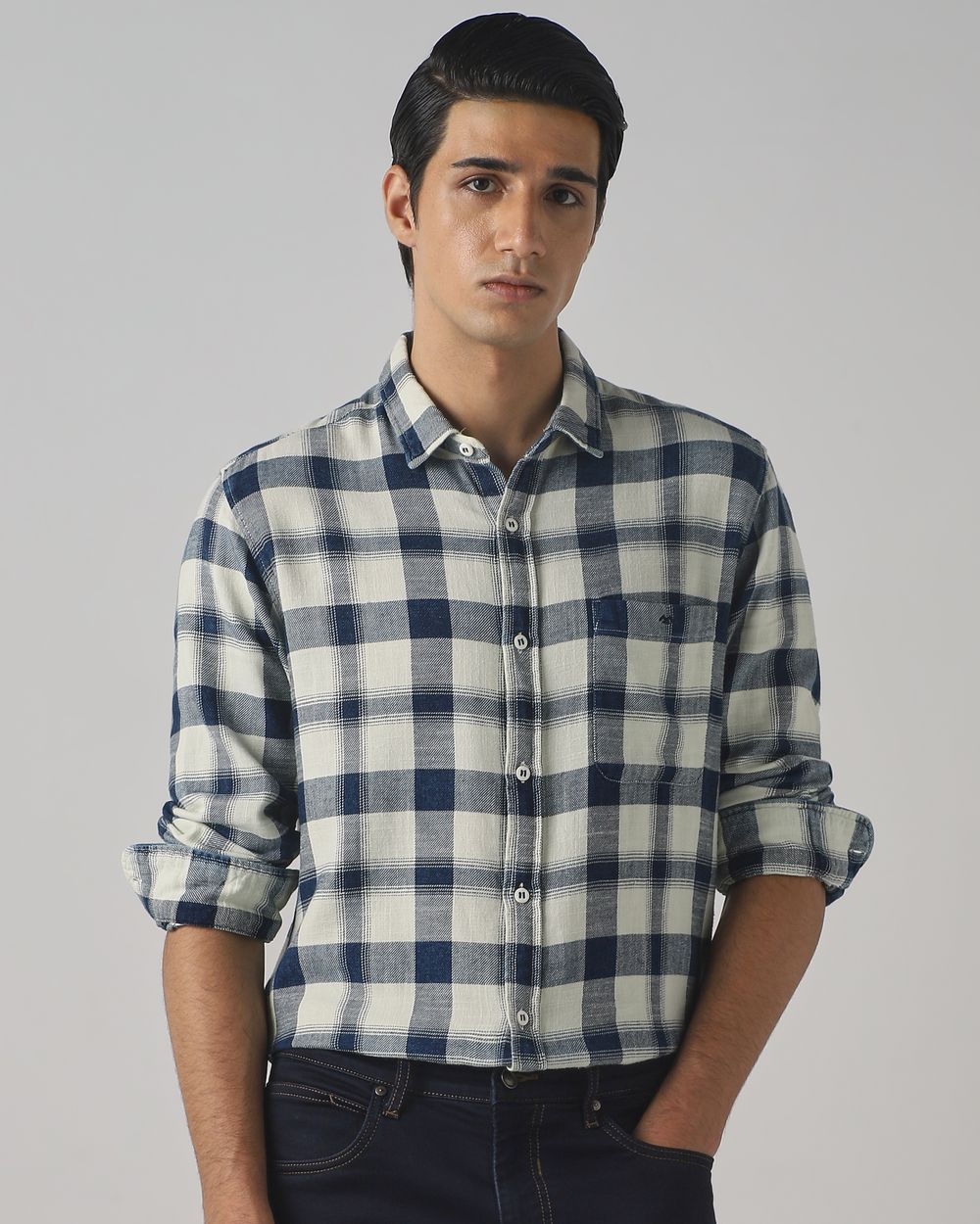 Mid Blue Denim Check Slim Fit Casual Shirt