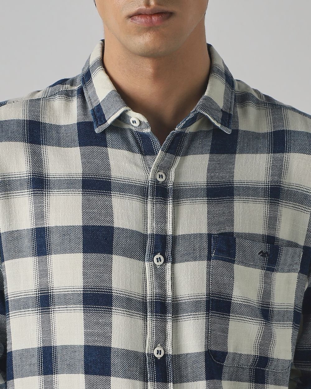Mid Blue Denim Check Slim Fit Casual Shirt