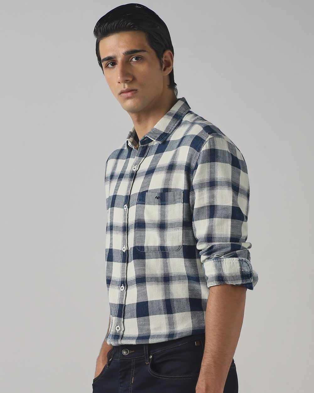 Mid Blue Denim Check Slim Fit Casual Shirt
