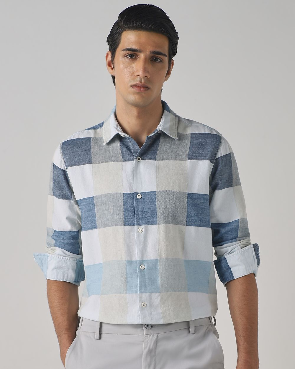 Iced Light Blue Dobby Check Slim Fit Casual Shirt