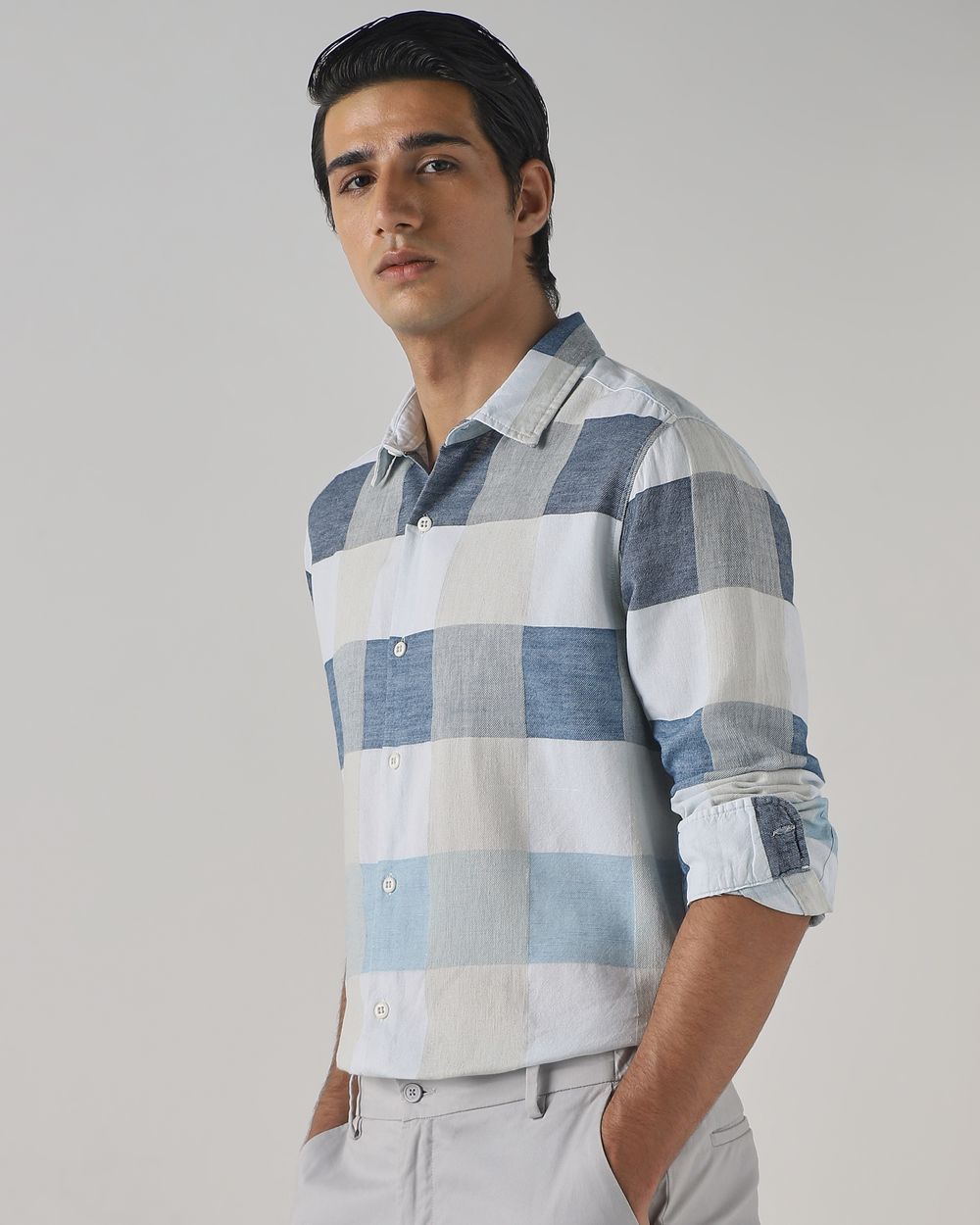 Iced Light Blue Dobby Check Slim Fit Casual Shirt