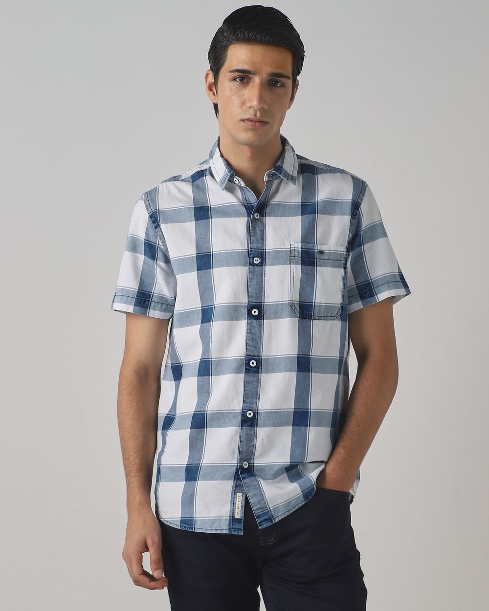 Indigo Blue Denim Check Slim Fit Casual Shirt