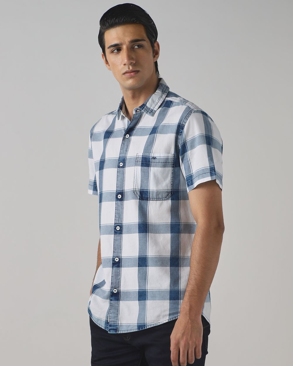 Indigo Blue Denim Check Slim Fit Casual Shirt