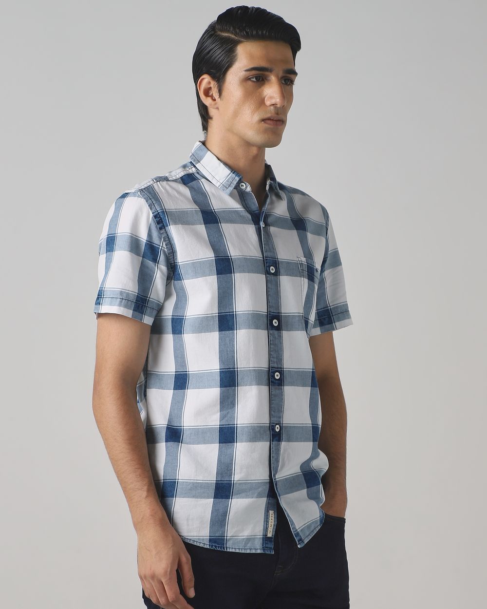 Indigo Blue Denim Check Slim Fit Casual Shirt