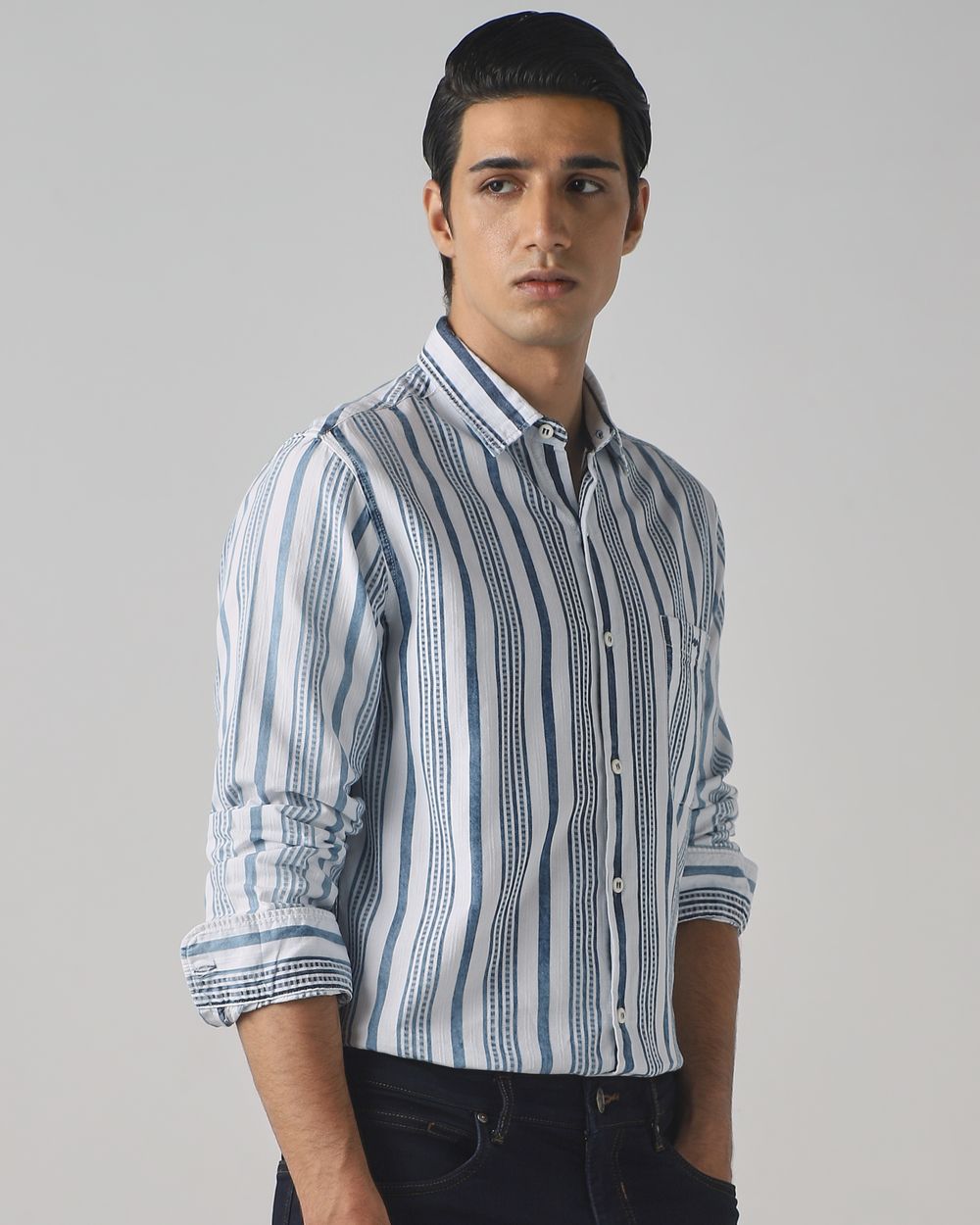 Indigo Blue Denim Stripe Slim Fit Casual Shirt