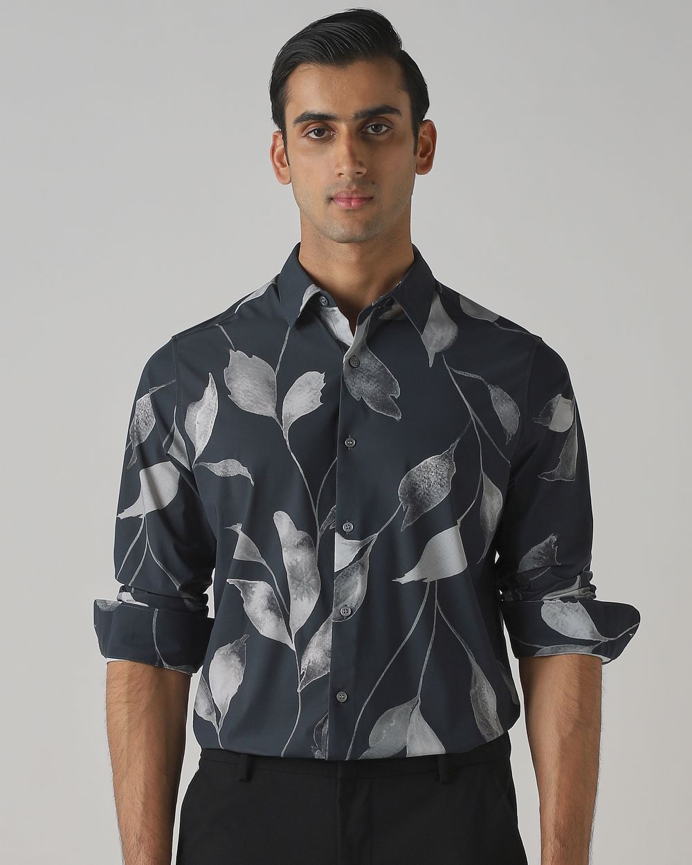 Charcoal Scuba Stretch Print Slim Fit Casual Shirt