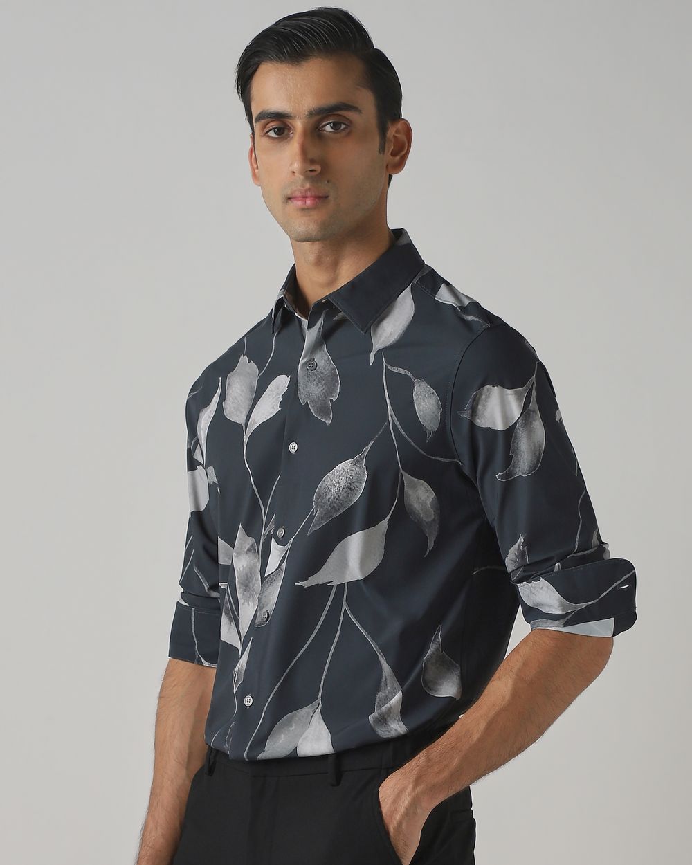 Charcoal Scuba Stretch Print Slim Fit Casual Shirt