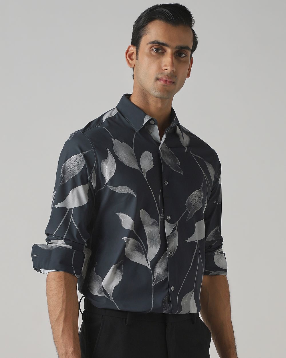 Charcoal Scuba Stretch Print Slim Fit Casual Shirt