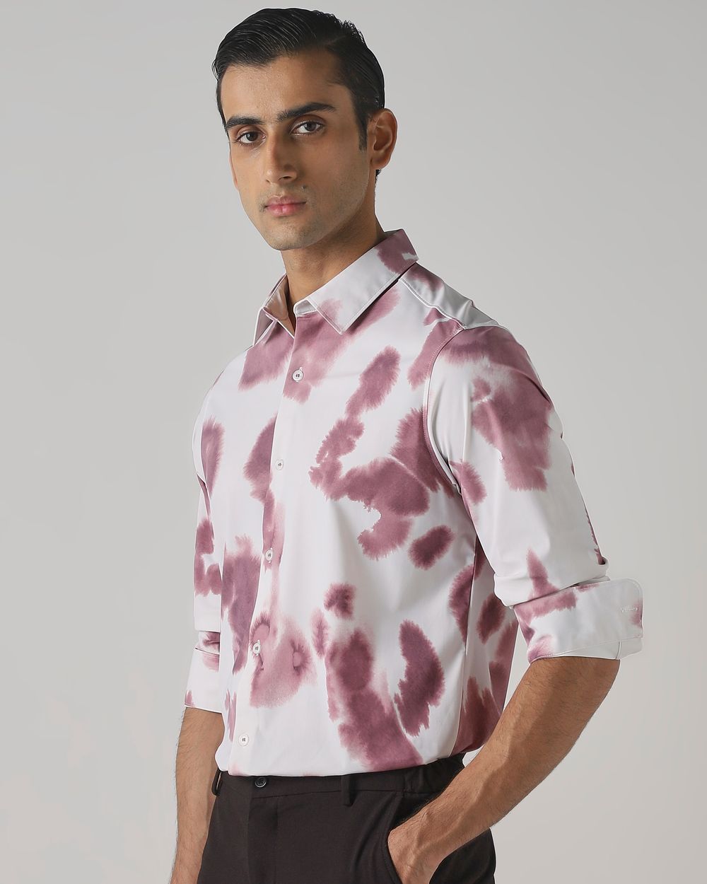 Pastel Pink Scuba Stretch Print Slim Fit Casual Shirt