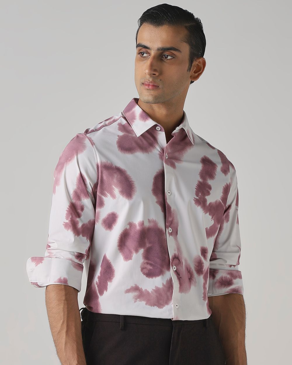 Pastel Pink Scuba Stretch Print Slim Fit Casual Shirt