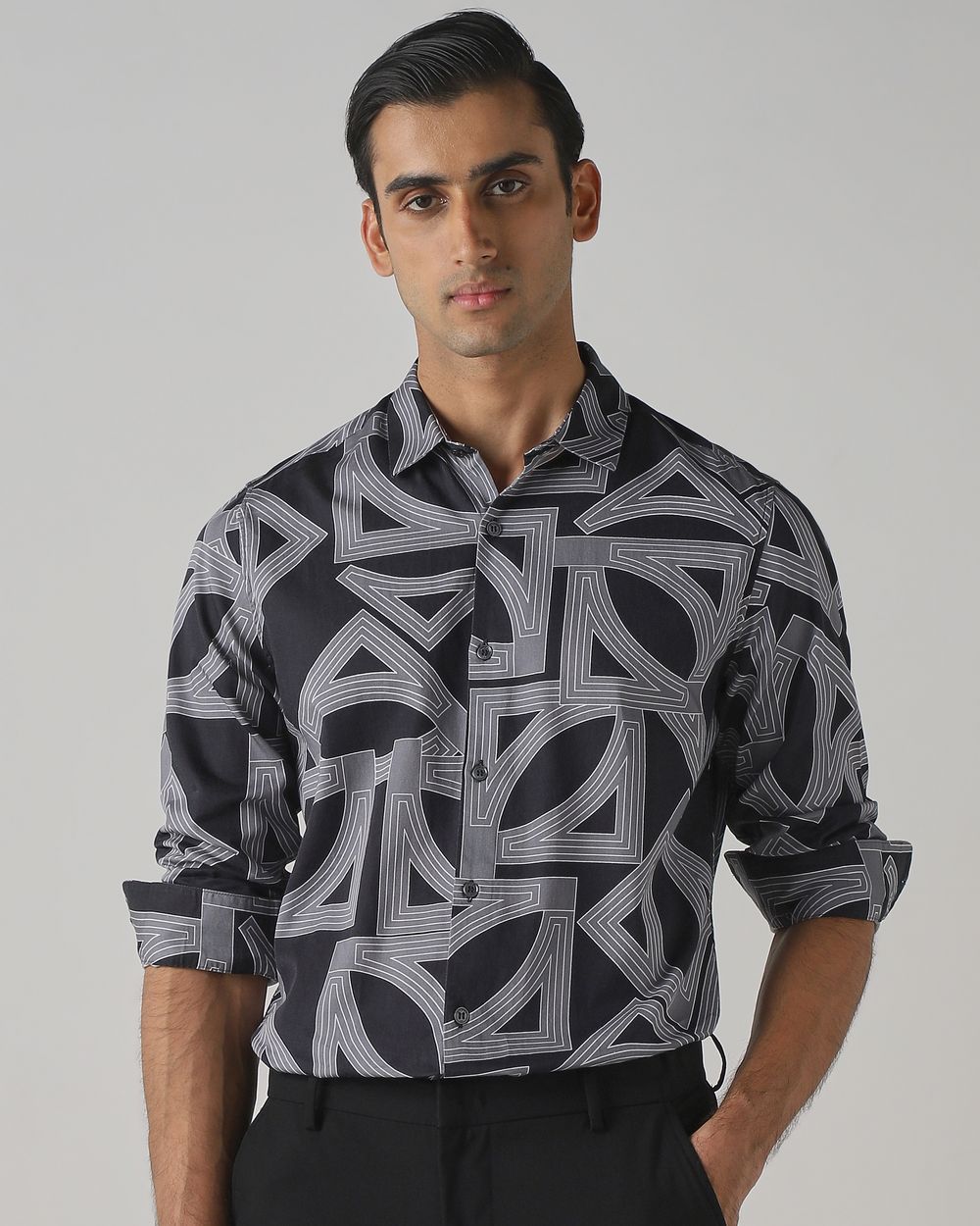 Charcoal Abstract Print Slim Fit Casual Shirt