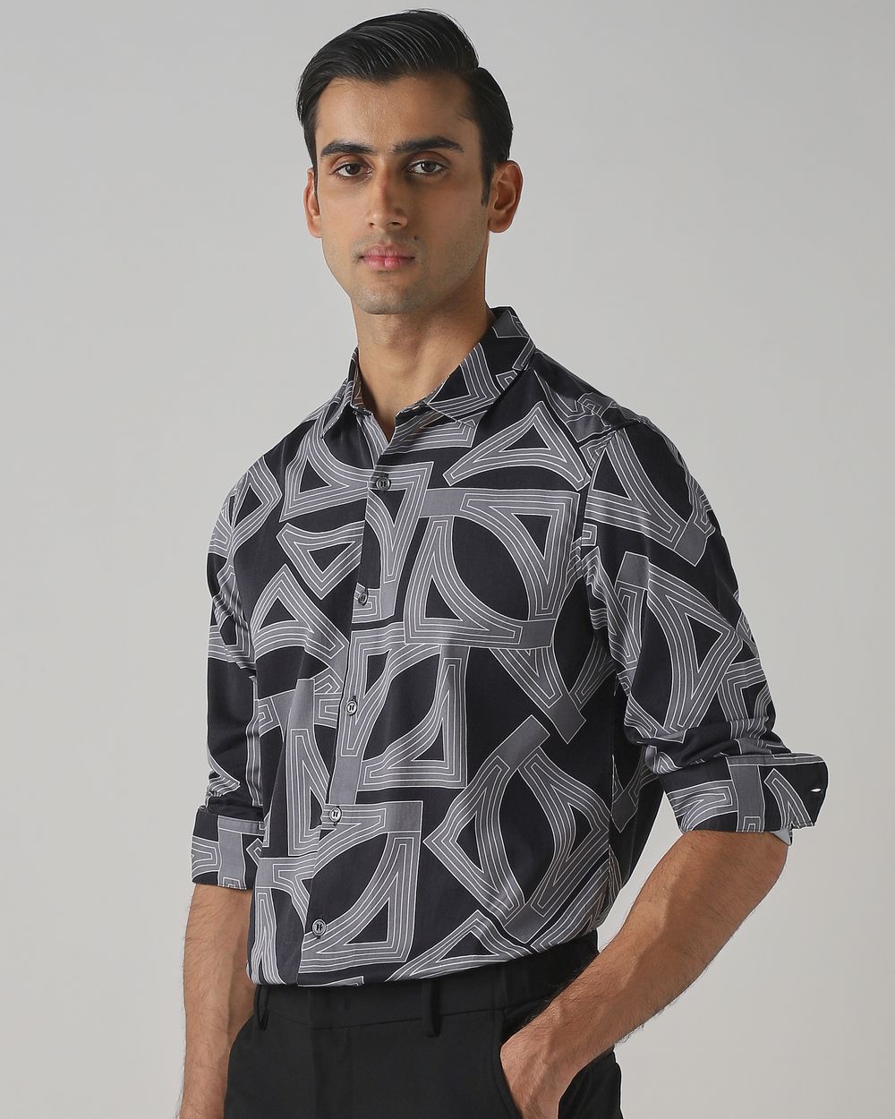 Charcoal Abstract Print Slim Fit Casual Shirt