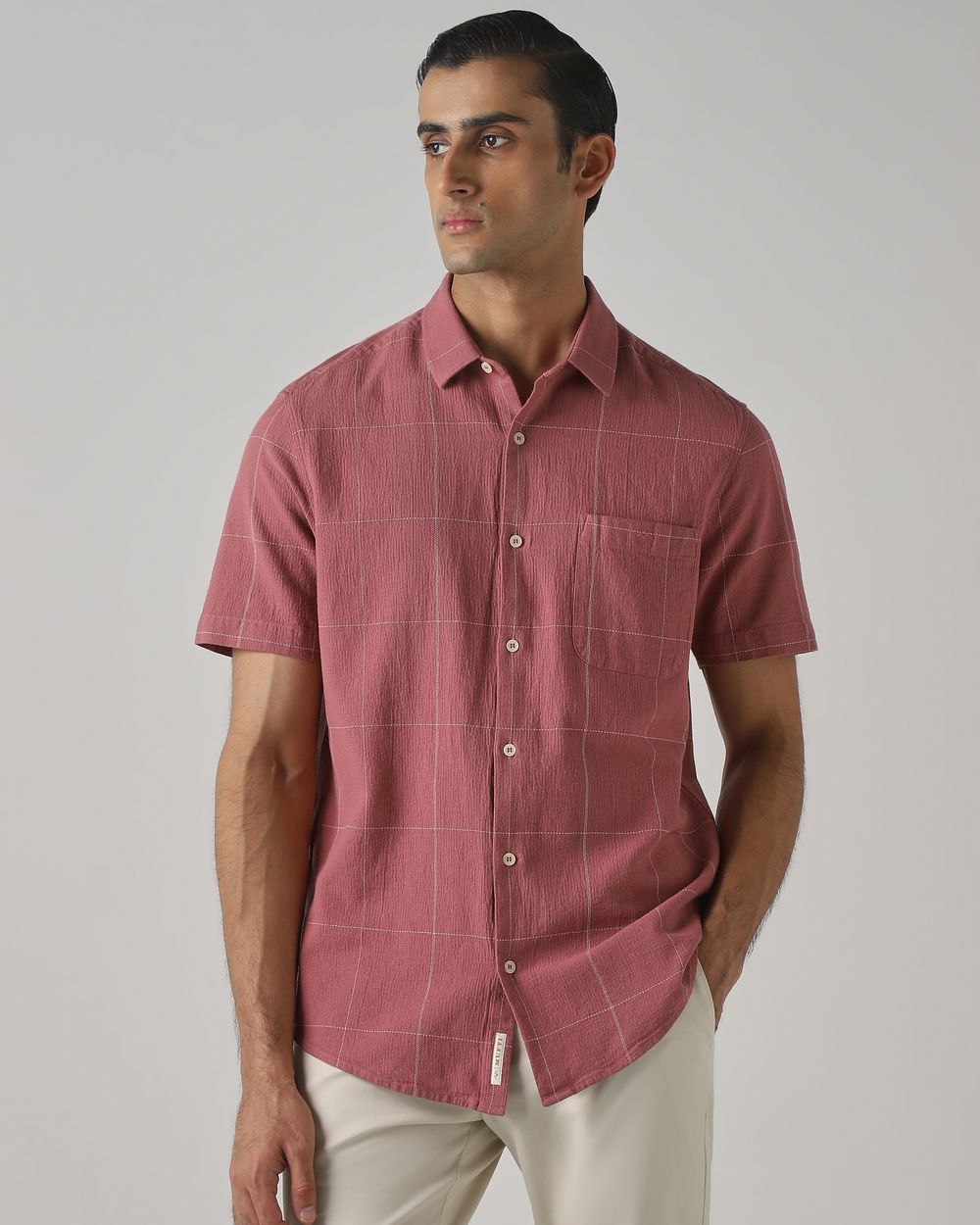 Pink Dobby Check Slim Fit Casual Shirt