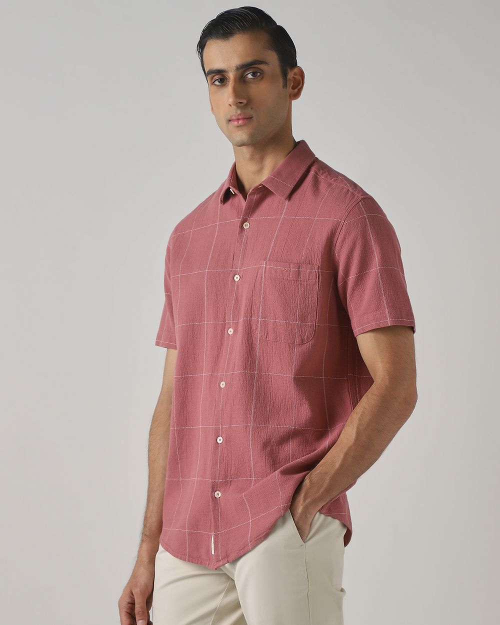Pink Dobby Check Slim Fit Casual Shirt
