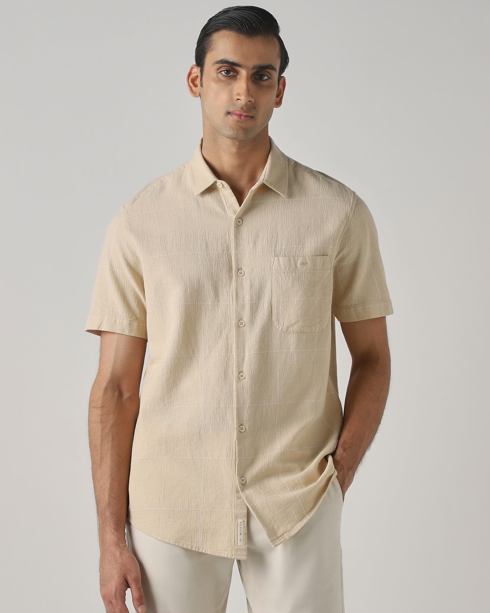 Beige Dobby Check Slim Fit Casual Shirt