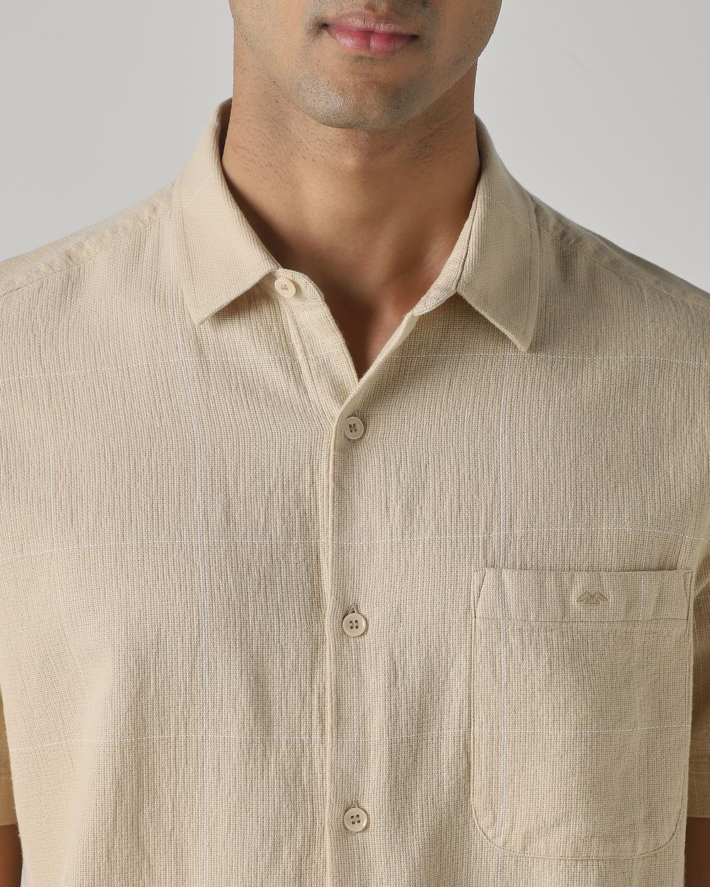 Beige Dobby Check Slim Fit Casual Shirt