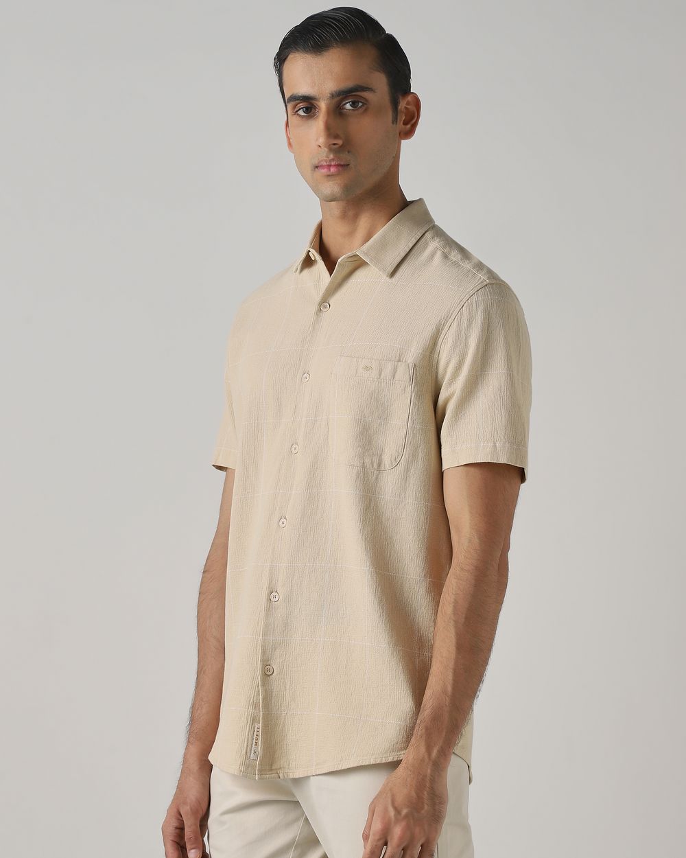 Beige Dobby Check Slim Fit Casual Shirt