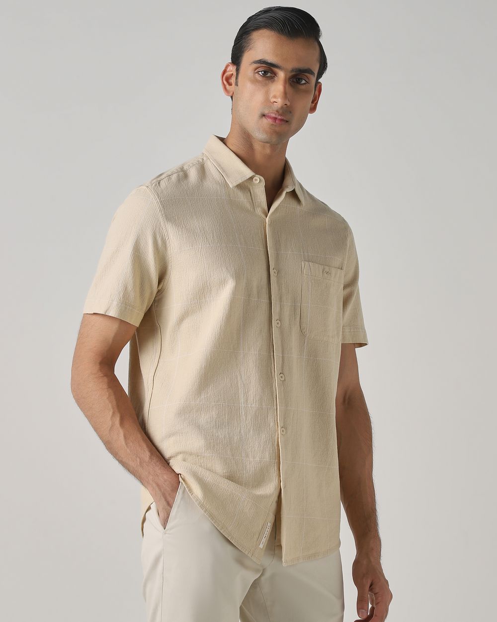 Beige Dobby Check Slim Fit Casual Shirt